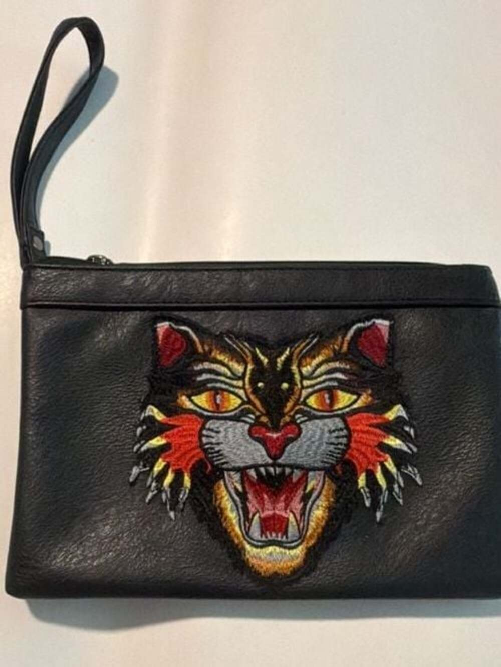 Black Faux Leather Wristlet Clutch with Embroidered Tiger Patch